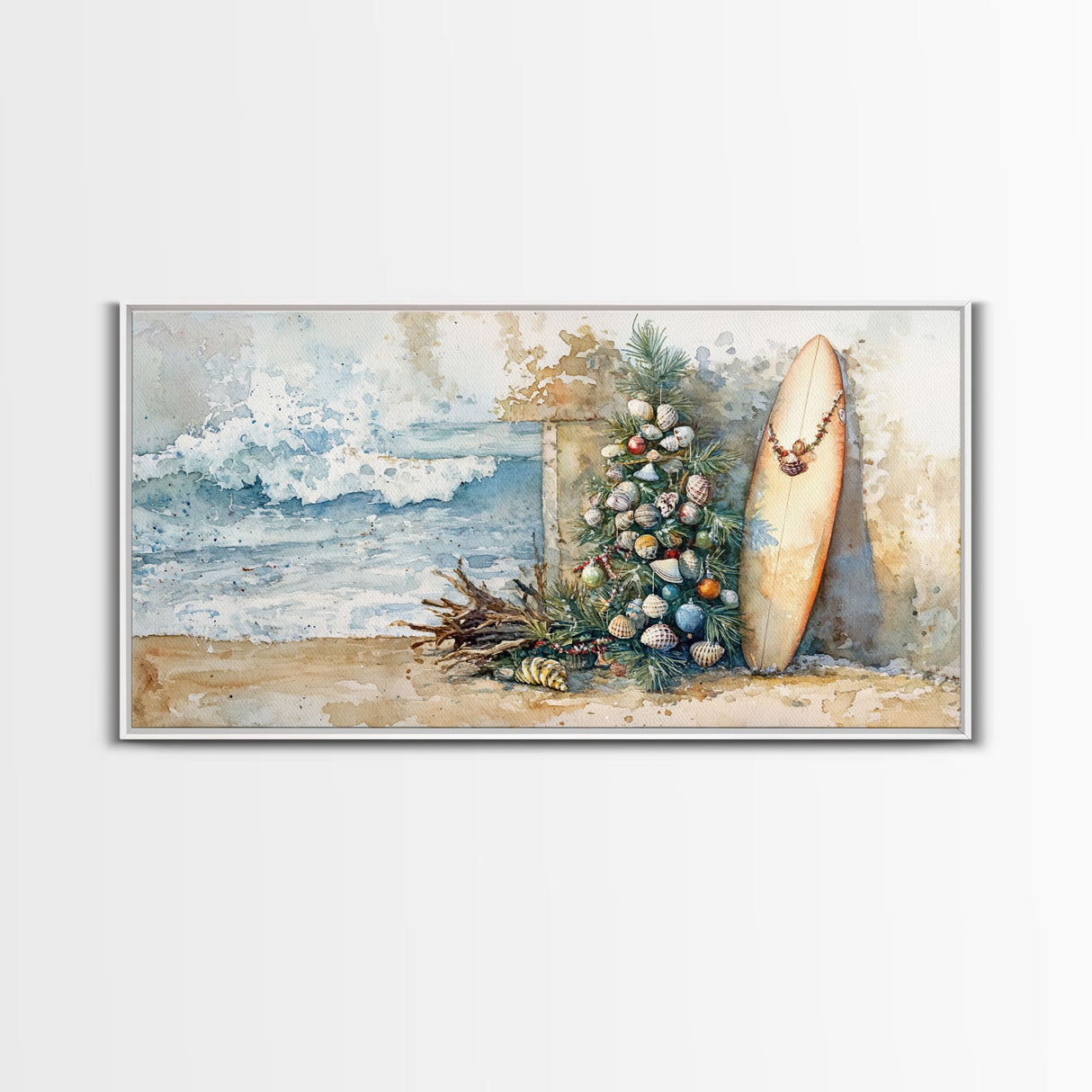 Coastal Christmas Scene Surfboards Christmas Tree Framed Canvas Print, Beach Holiday Decor Wall Art With Surfing Theme