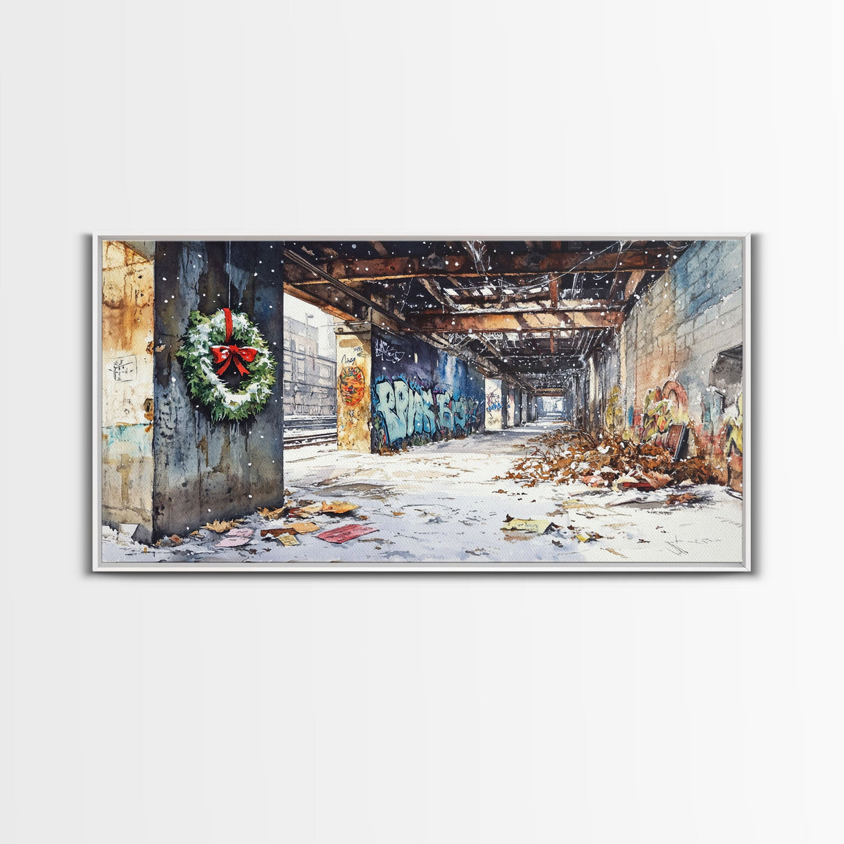 Rustic Urban Wreath Holiday Decor Framed Canvas Print, Christmas Scene with Snowfall and Graffiti Wall Perfect Holiday Wall Art