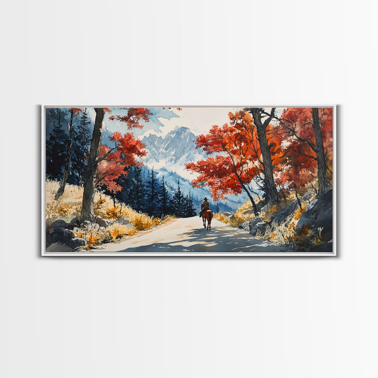 Cowboy Riding In Winter Snow Framed Canvas Print Tall Art Winter Landscape Rustic Christmas Decor Western Home Wall Art Mountain Gift Idea