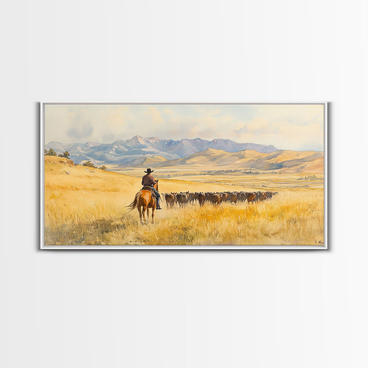 Cowboy On Snowy Path Framed Canvas Print Tall Art Winter Wonderland Western Christmas Decor Rustic Winter Wall Art Gift Cowboy Holiday Gift