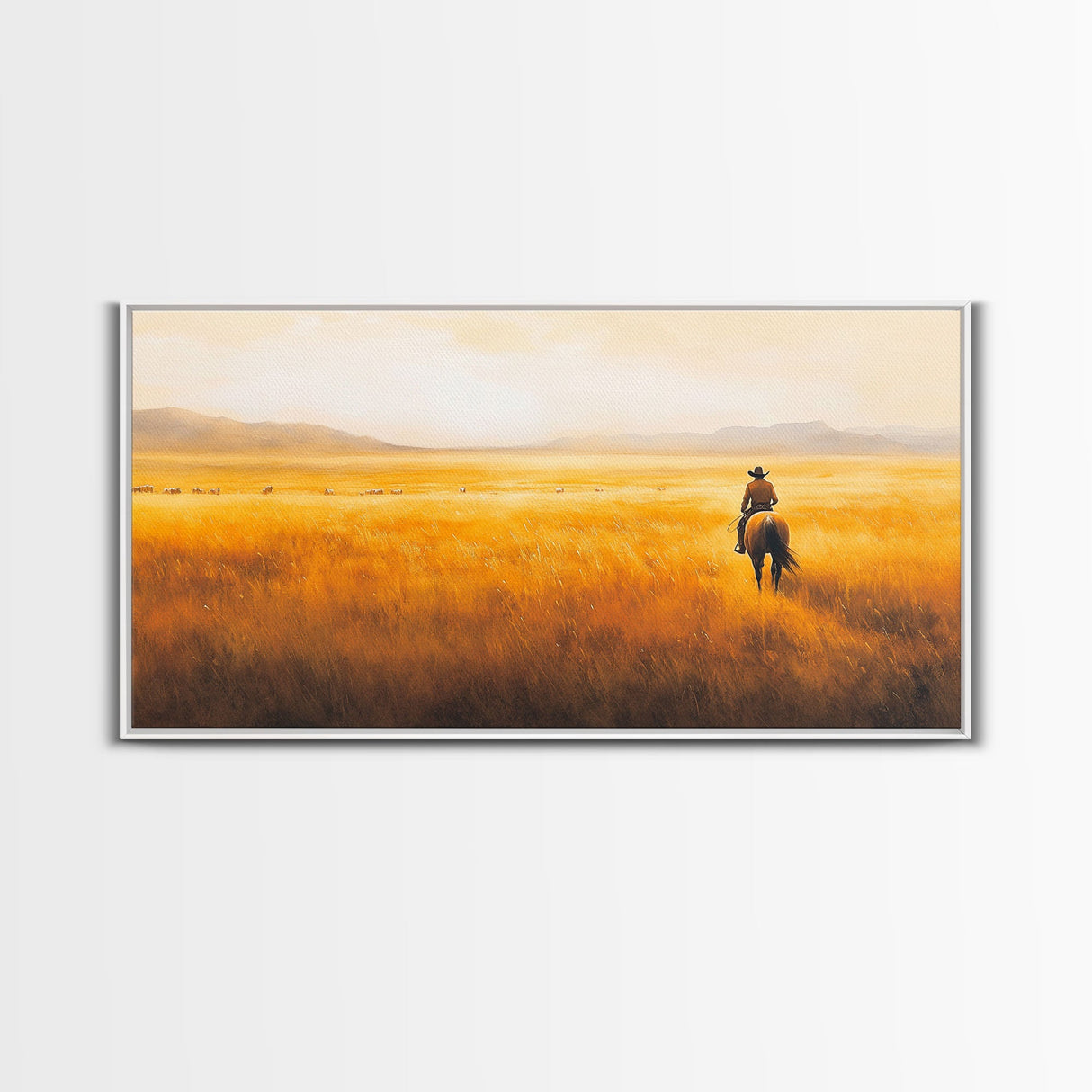 Herding Cattle Across Plains Framed Canvas Print Tall Art Rustic Autumn Landscape Western Country Decor Fall Home Wall Art Farmhouse Gift