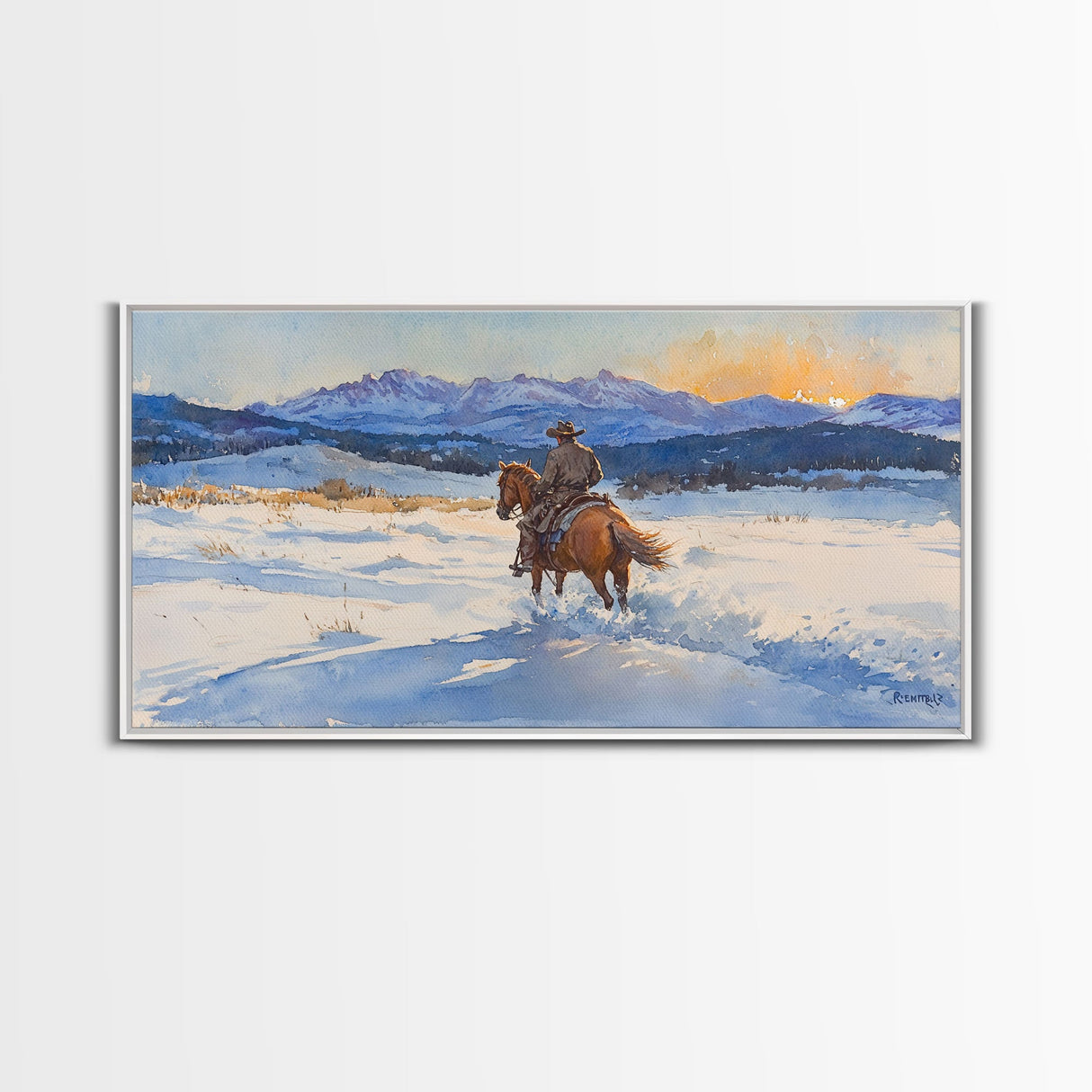 Cowboy In Golden Light Framed Canvas Print Tall Art Autumn Country Landscape Fall Decor Rustic Western Wall Art Farmhouse Decor Gift