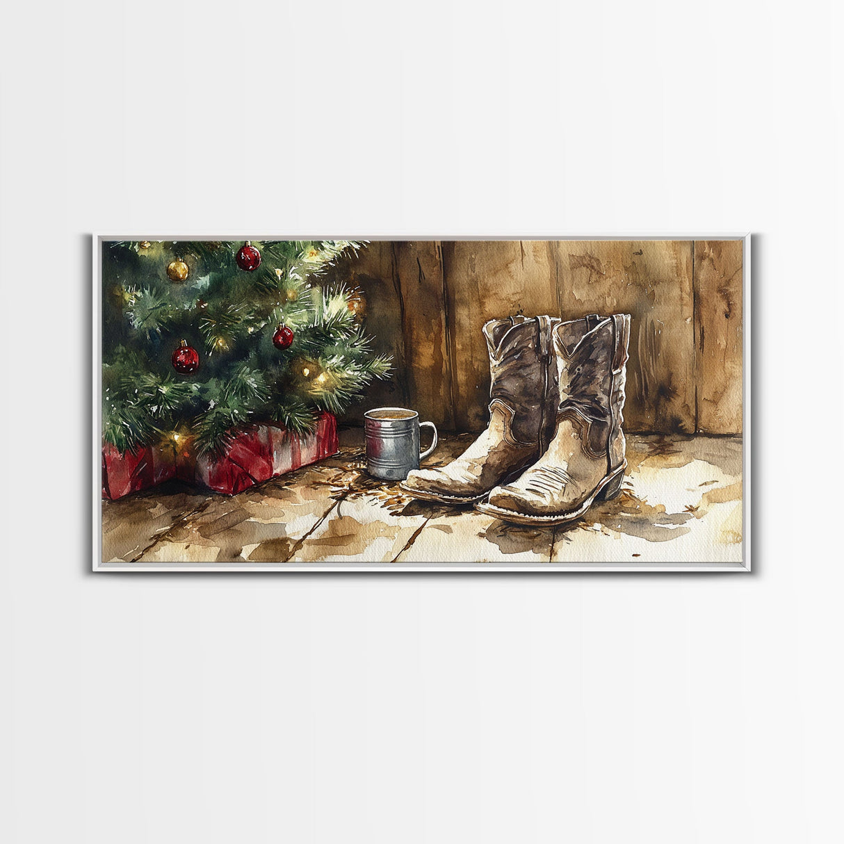 Christmas Cowboy Boots By Tree Framed Canvas Print Tall Art Rustic Western Christmas Decor Farmhouse Holiday Wall Art Cowboy Holiday Gift