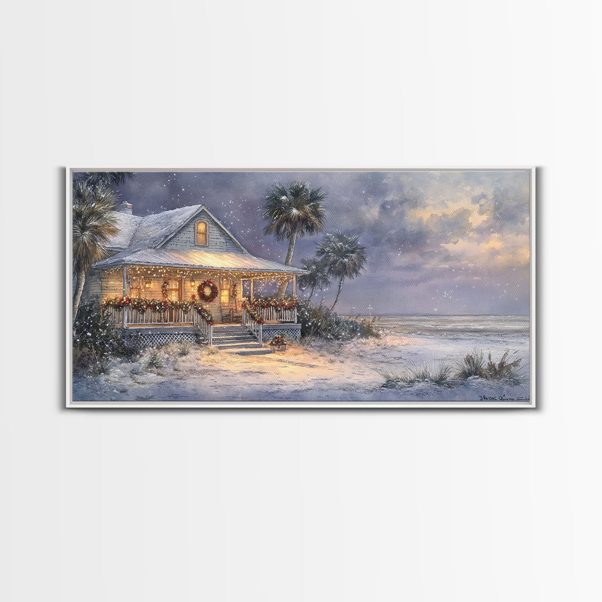 Christmas beach decor scene in tropical house with wreath and lights, Framed Canvas Print palm trees snow, winter art and holiday home decor