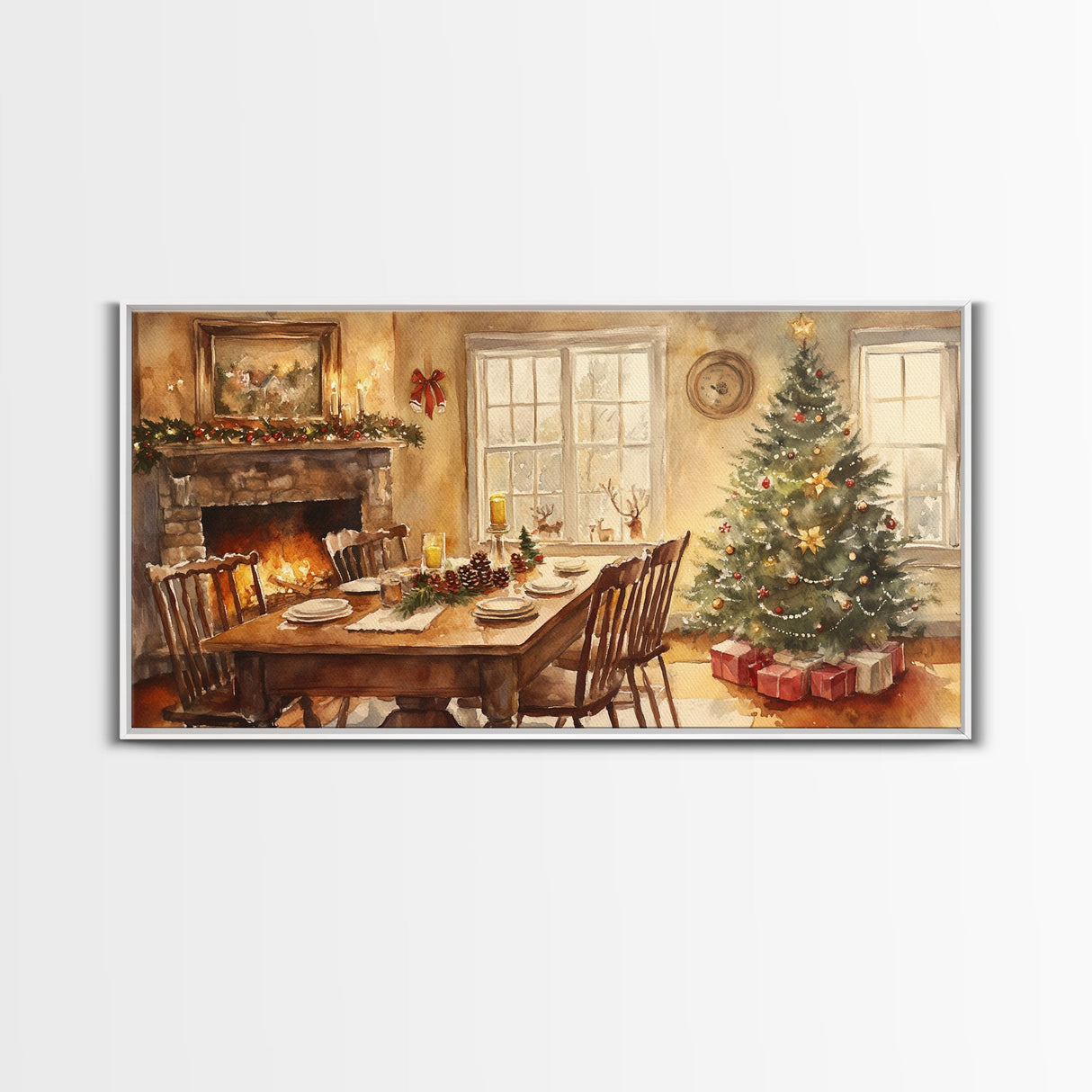 Rustic Christmas dining room scene with a Christmas tree, Framed Canvas Print with a festive table warm fireplace, farmhouse holiday decor