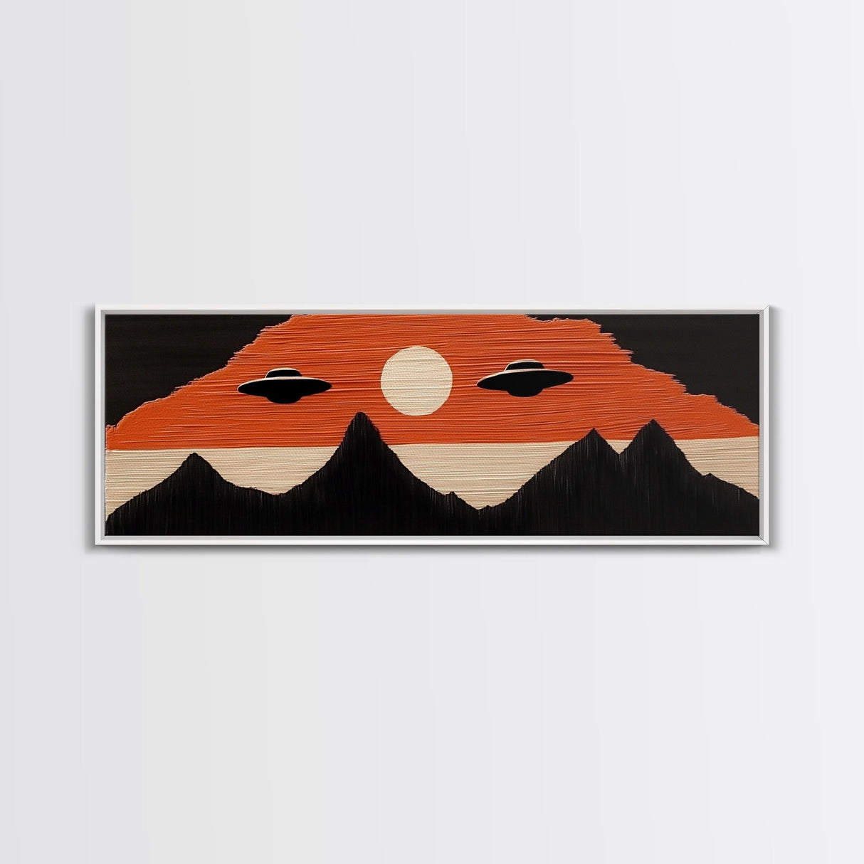 Flying Saucers over The Mountains - Retro Art Deco Inspired Scifi Art - Panoramic Print - Cute Nursery Decor