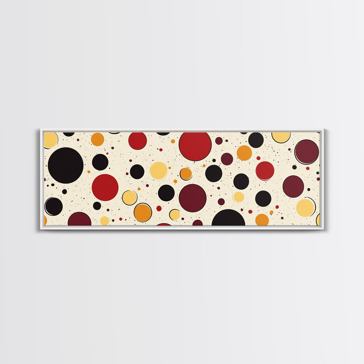 Polka Dots - Framed Canvas Print - MCM Inspired Midcentury-Modern Wall Art - Red, Yellow and Black Dots on a White Background