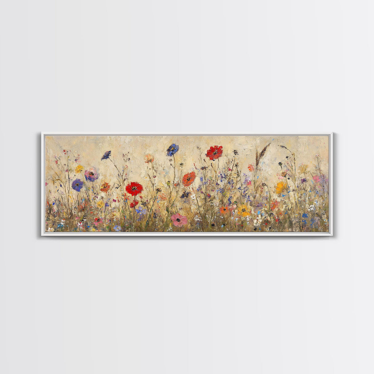 Field of Wildflowers, Spring Floral Decor, Oil Painting Canvas Print, Panoramic Art, Boho Floral Decor, Botanical Wall Art, Field of Flowers