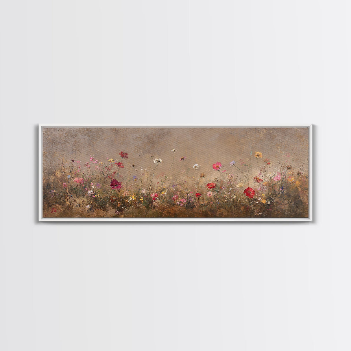 Wild Flowers On a Grey Background, Framed Canvas Print, Panoramic Oil Painting Print, Boho Farmhouse Decor, Modern Rustic Primitive Decor