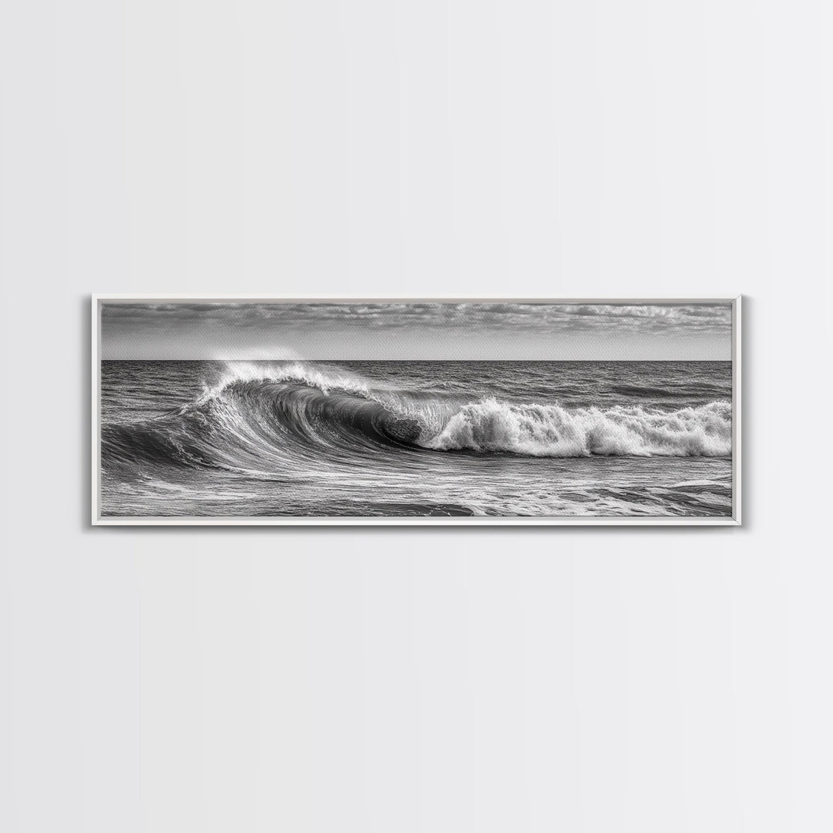 Subdued Black and White Ocean Photography Style Print, Panoramic Wall Art, Wood Framed Canvas Art, Seascapes, Nautical Decor