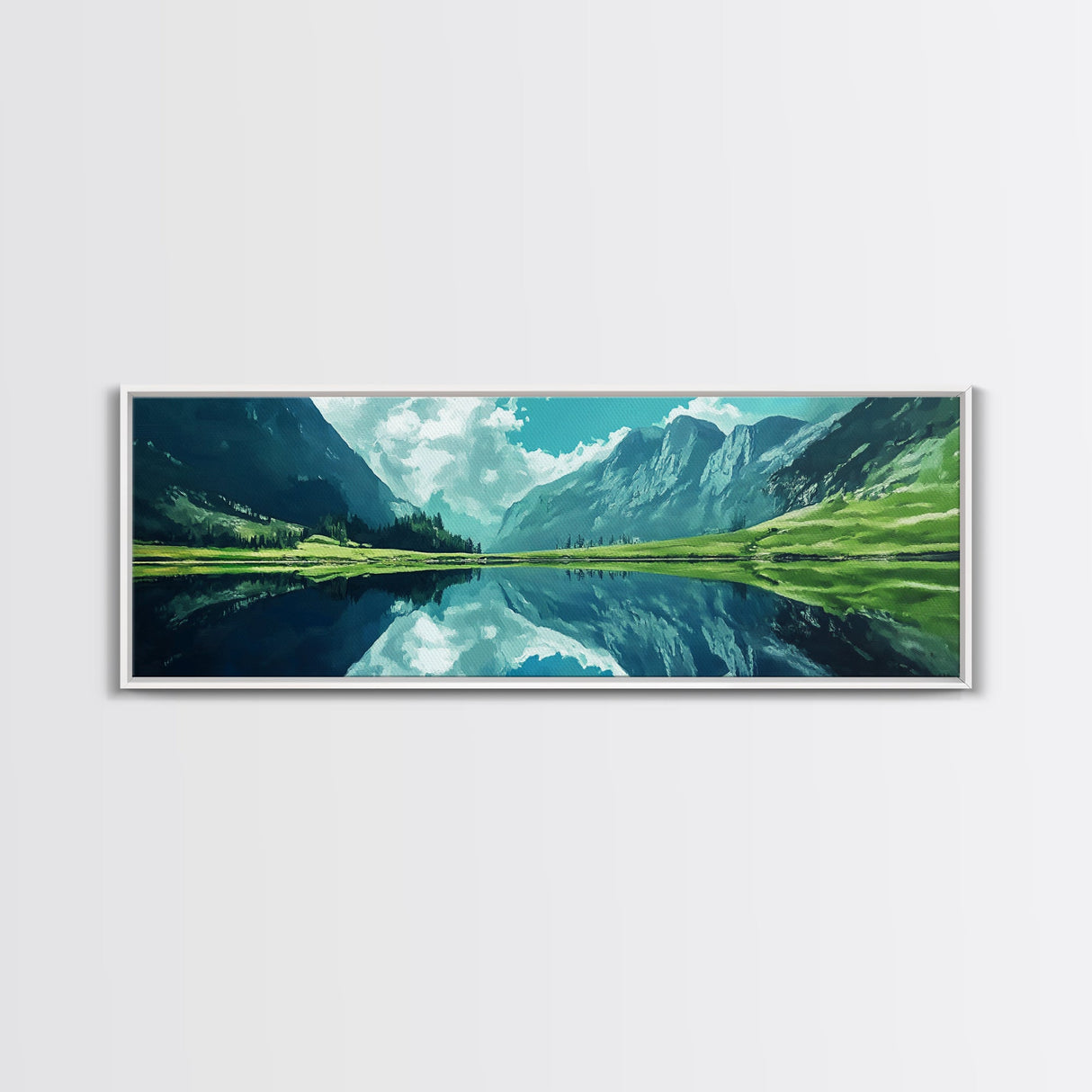 Reflections On The Lake - Framed Canvas Print - Panoramic Original Landscape Painting - Lake Painting - Mountain Painting - Minimalist Muted Art