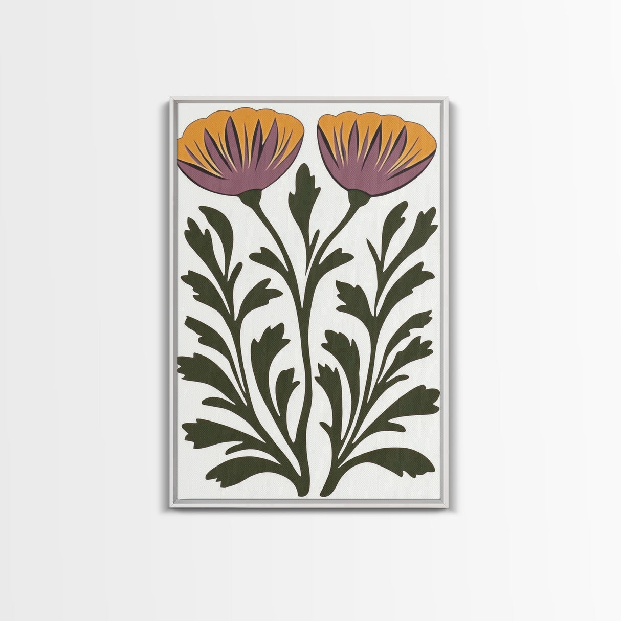 Abstract Botanical Wall Art, Framed Canvas Print, Purple Flowers on White Background