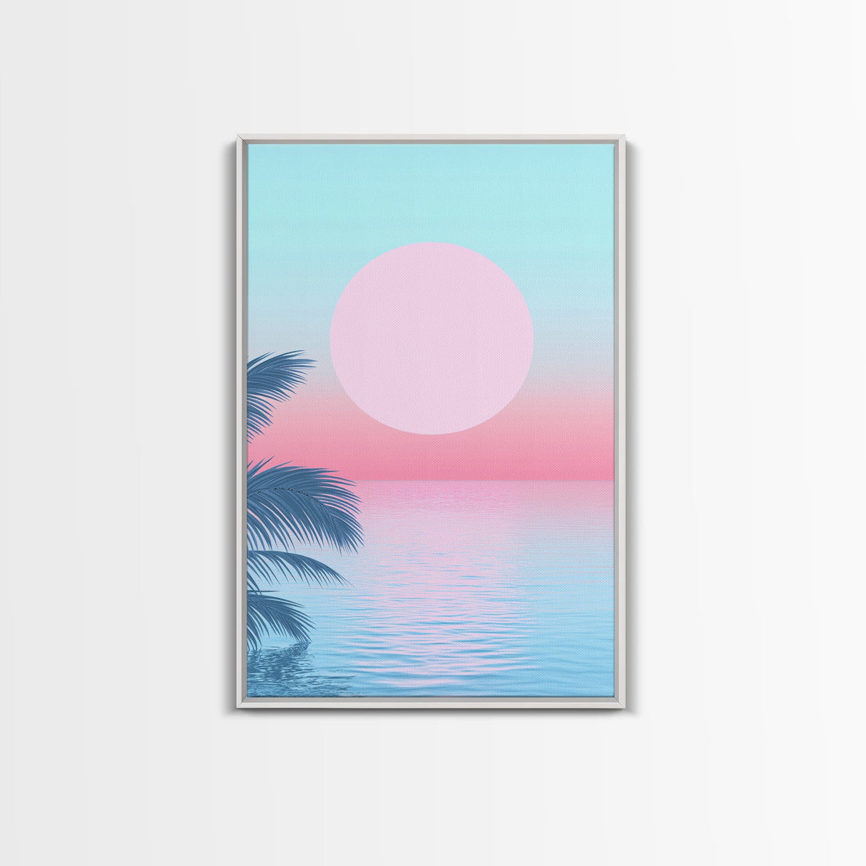 Vaporwave Sunset Framed Canvas Print with Wood Frame, Boho Style Minimalist Home Decor, Vertical Wall Art, Beach Painting
