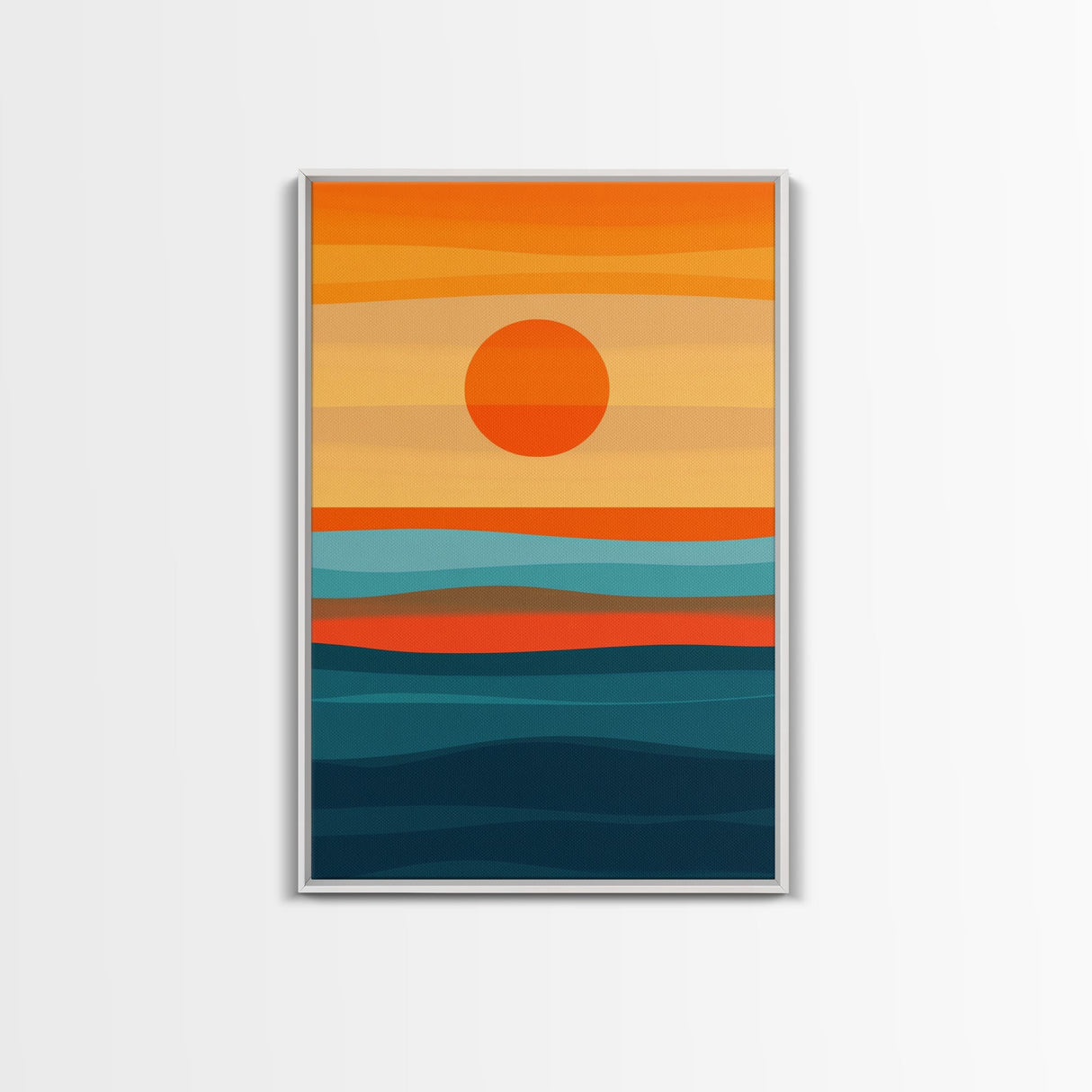 Sunset Over The Ocean Minimalist Print, Vertical Sea Sun Framed Canvas, Waves Line Art, Blue and Orange Sunset Beach House Painting