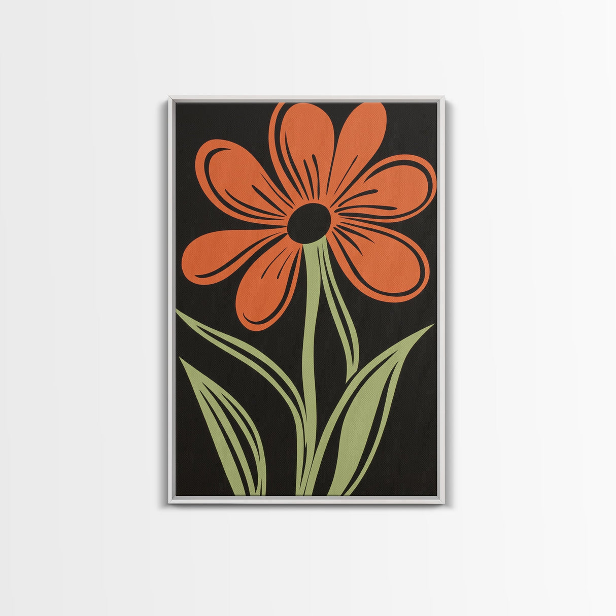 Orange Daisy with Black Background, Framed Canvas Print, Cute Floral Print, Botanical Minimalist Home Decor