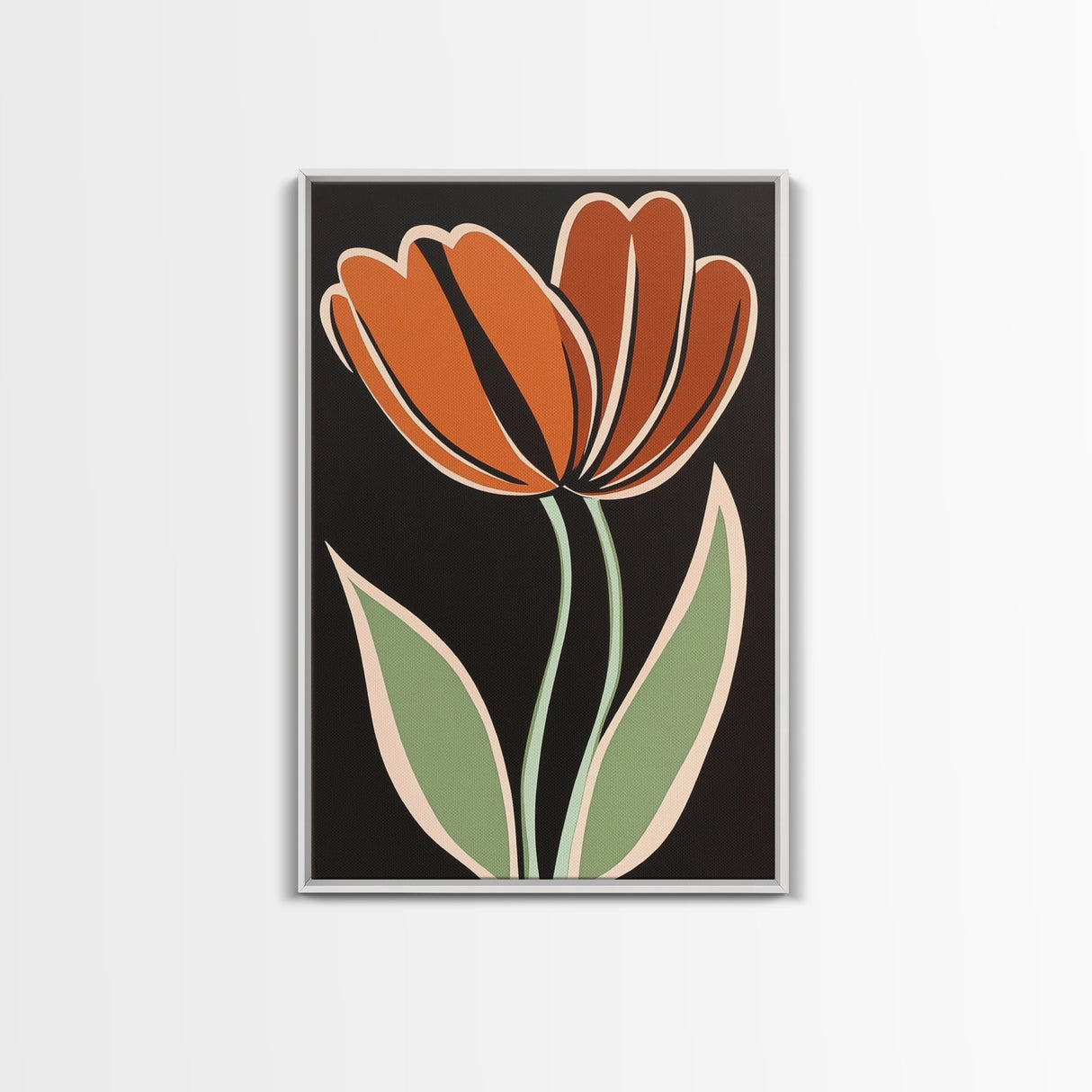 Orange Tulip with Black Background, Framed Canvas Print, Cute Floral Print, Botanical Minimalist Home Decor