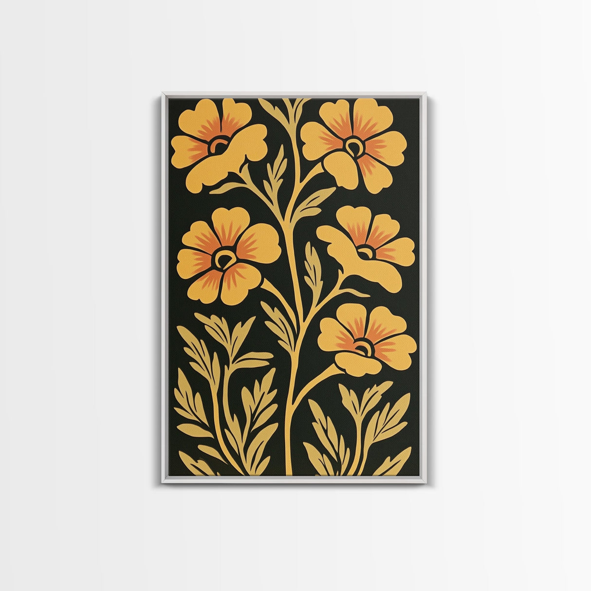 Framed Canvas Wall Art Botanical Print, Yellow Flowers on Black background, Wildflowers, Botanical Floral Modern Art, Boho Decor