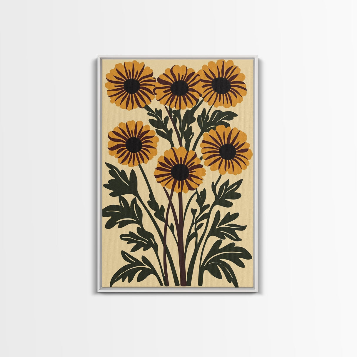Cute Framed Canvas Wall Art Flower Print, Wild Flowers on Cream Background, Modern Home Decor, Boho Minimalist Wall Art