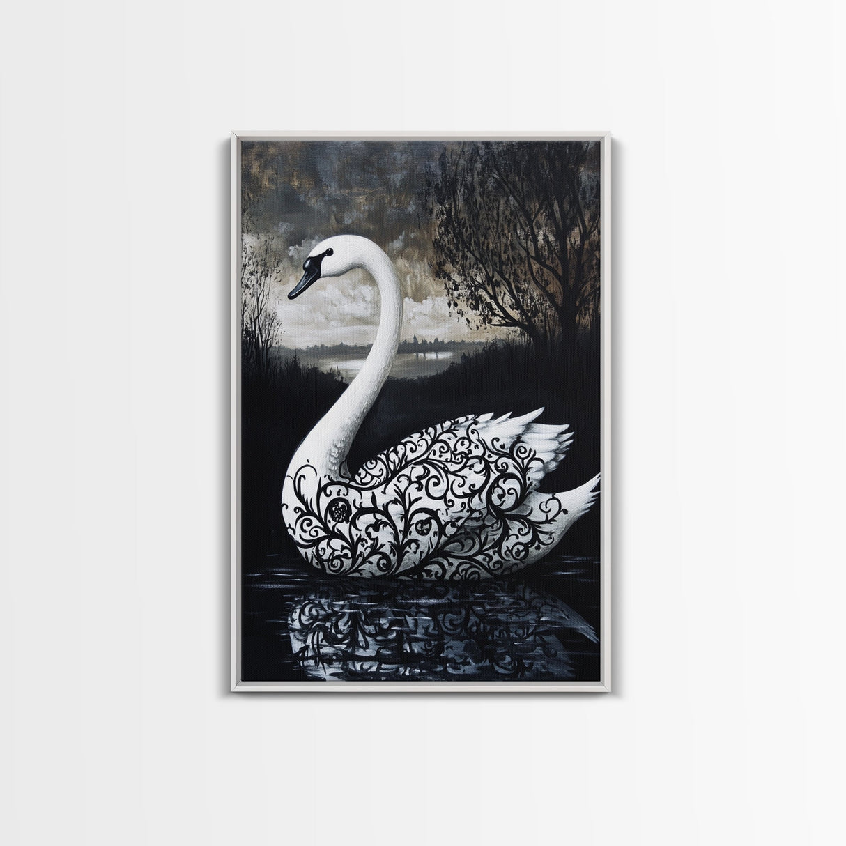 Elegant Gothic Swan Canvas Print | Framed Swan Poster Canvas | Wildlife Decor, animal prints, Swan Painting, Rustic Home Decor, Living Room Art