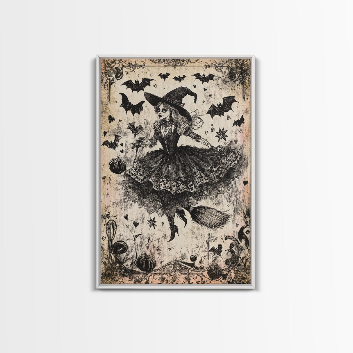 Spooky Season Halloween Witch, Witchy Decor Canvas Print, Black and White Witch Painting Print, Charcoal Sketch Of a Witch