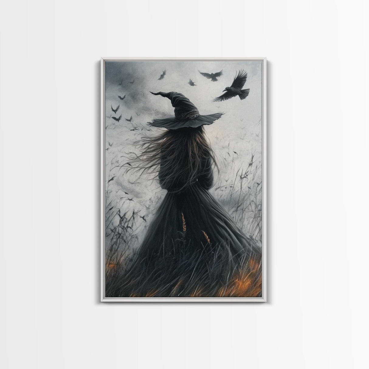 The Witch and her Crows, Framed Canvas print, Spooky Season Halloween Wall Art, Gothic Home Decor, Witch Wall Art, Halloween Art