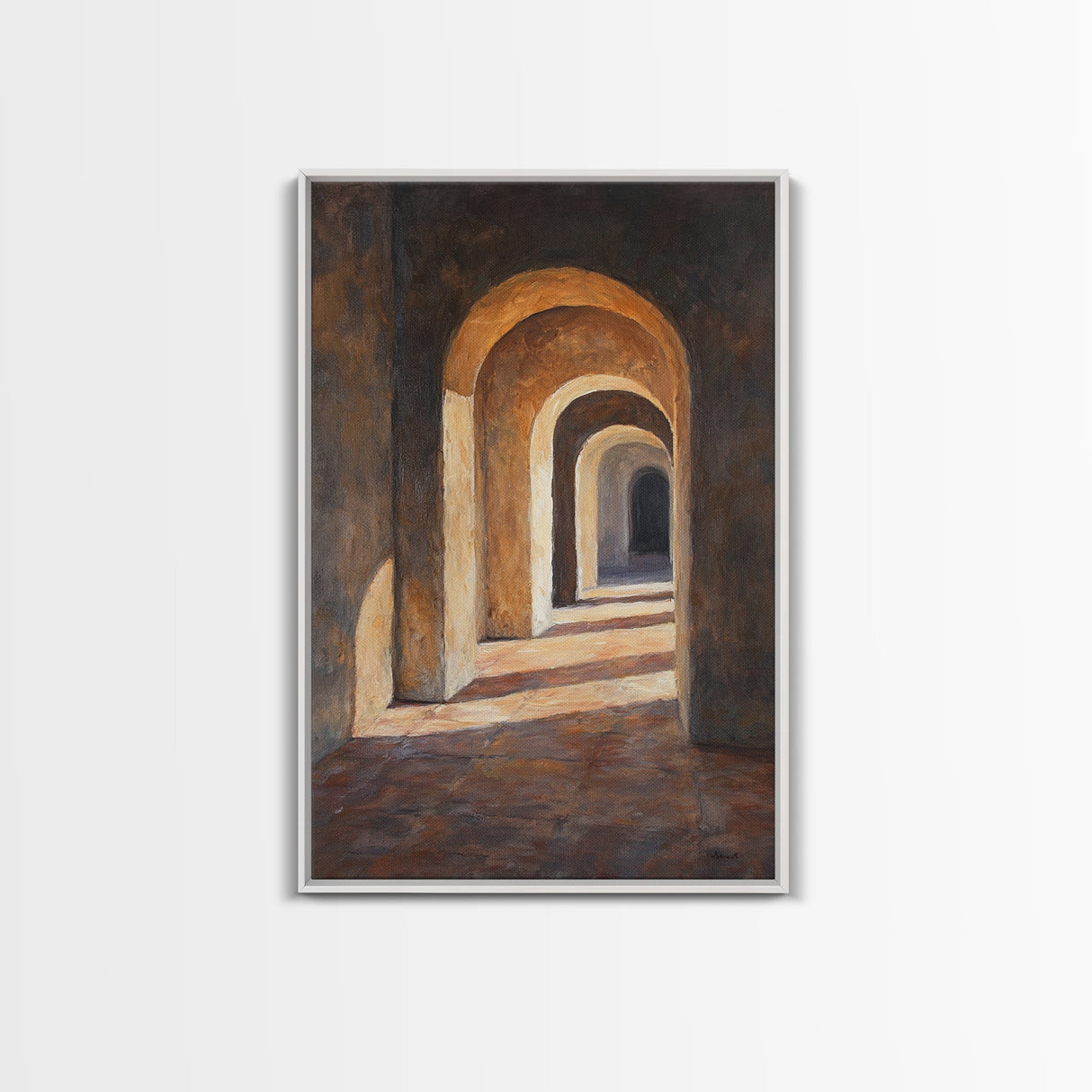 Sunlight Peaks Through the Pillars, Framed Canvas Print, Moroccan Style Wall Art, Moroccan Painting, Paint of Morocco