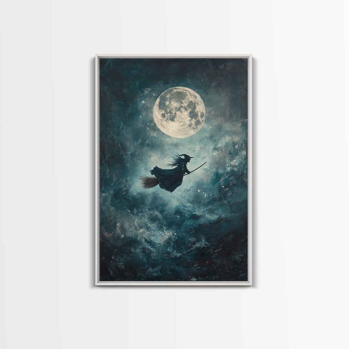 Witchy Decor, Witch Wall Art, Witch Riding a Broom Under a Full Moon, Witch Painting, Framed Canvas Print, Witchy Wall Art, Halloween Decor