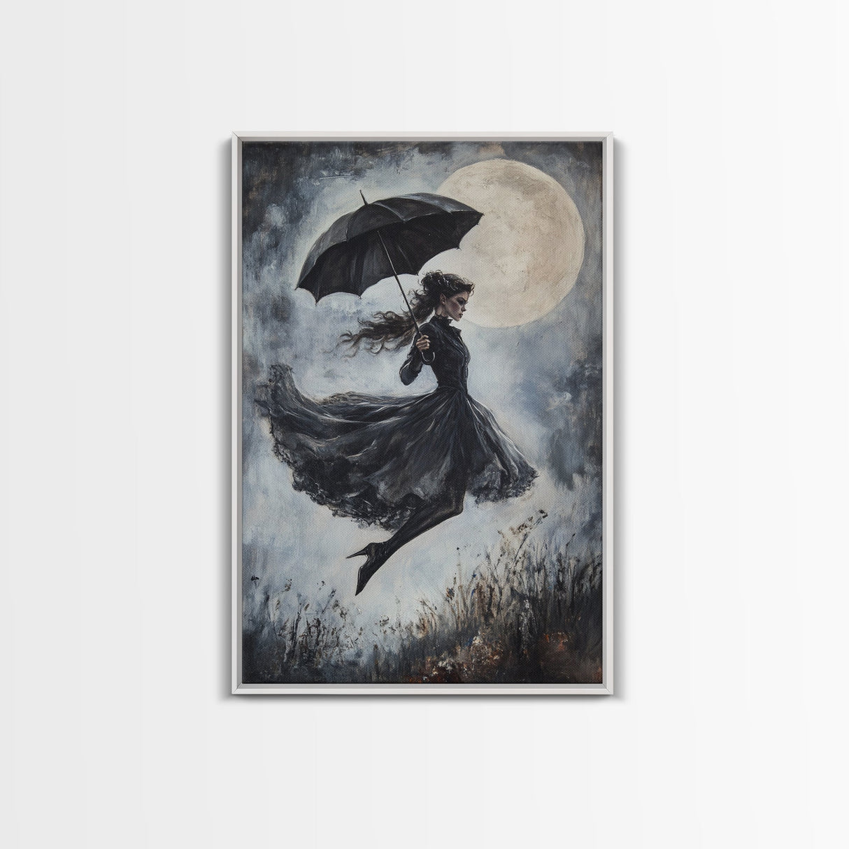 Witch Flying with an Umbrella, Framed Canvas Print, Witchy Decor, Halloween Wall Art, Goth Art, Dark Academia