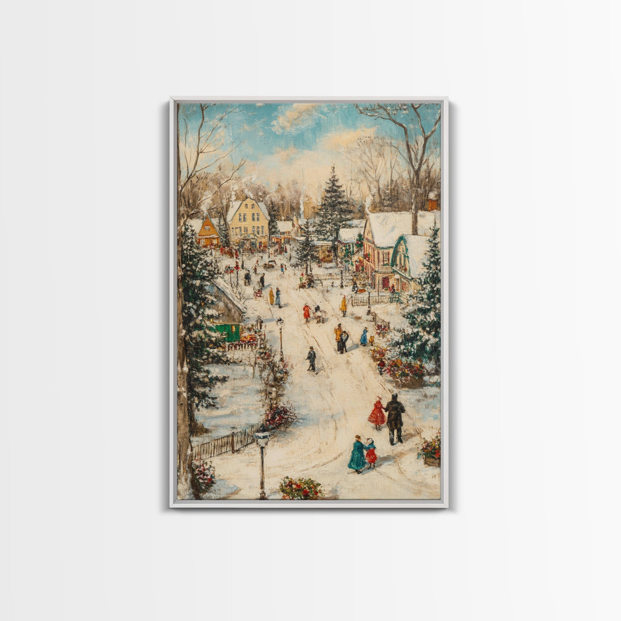 Christmas Village Mantle Painting, Christmas Mantle Wall Art, Framed Canvas Print, Retro Christmas, Vintage Christmas Painting Wall Art