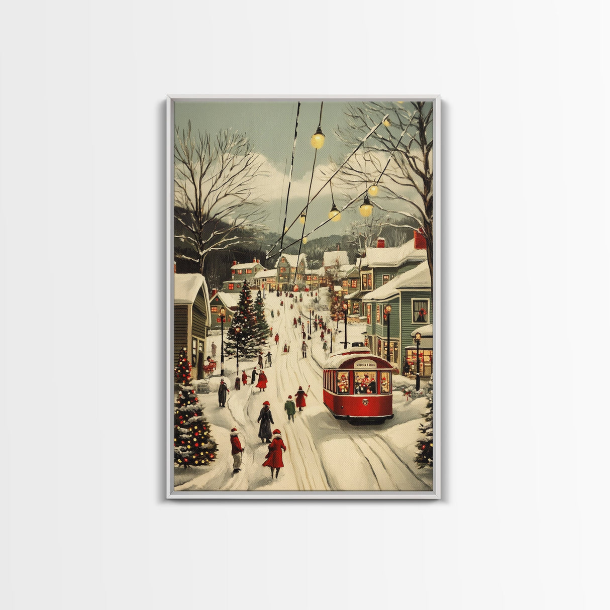 Vintage Christmas Trolley Painting Print, Framed Canvas Art, Christmas Village Wall Art