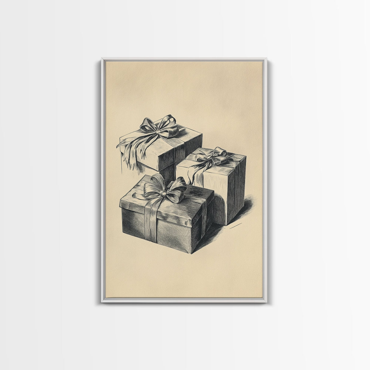 Retro Sketch of Christmas Gifts Canvas Print - Framed Canvas - Minimalist Christmas Art - Boho Christmas Art - Rustic Christmas Art