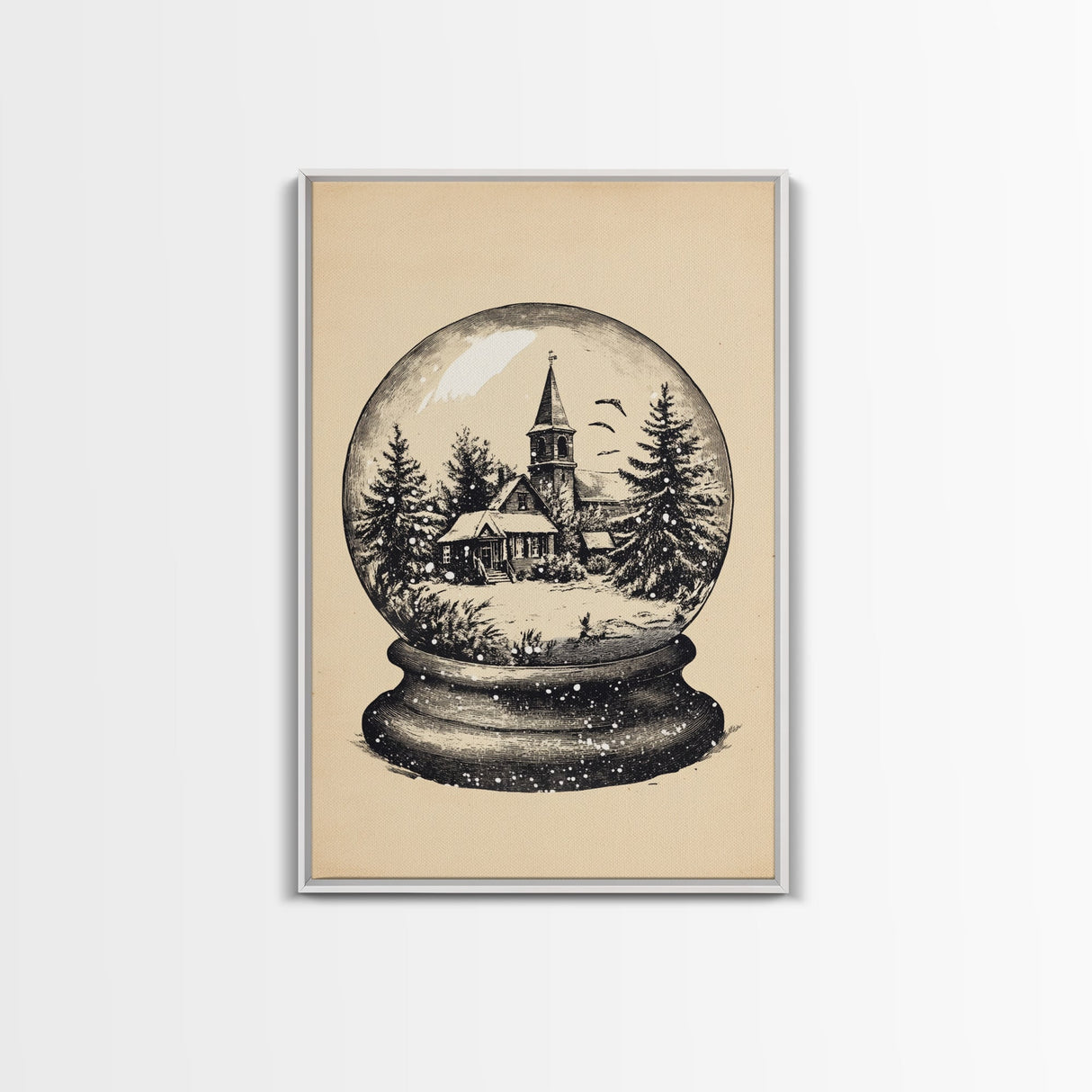 Retro Christmas Snowglobe Canvas Print - Framed Canvas - Minimalist Christmas Art - Boho Christmas Art - Rustic Christmas Art