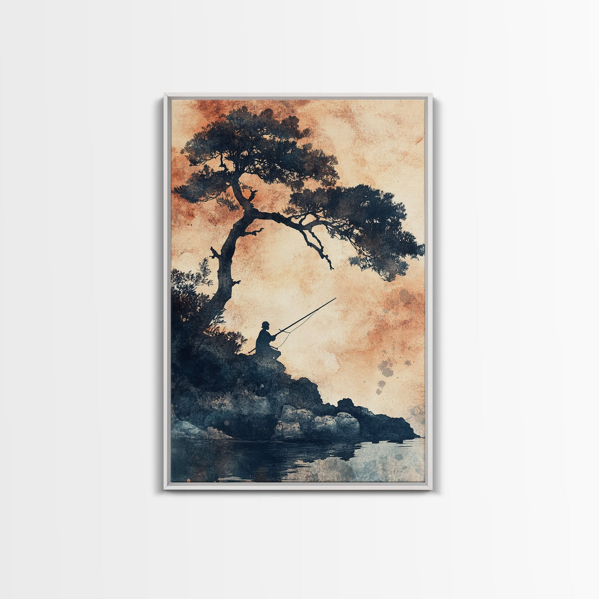 Japanese Fisherman Under a Bonzai Tree, Wabi Sabi Minimalist Decoe, Framed Canvas Print, Fishing Art, Fisherman Gift
