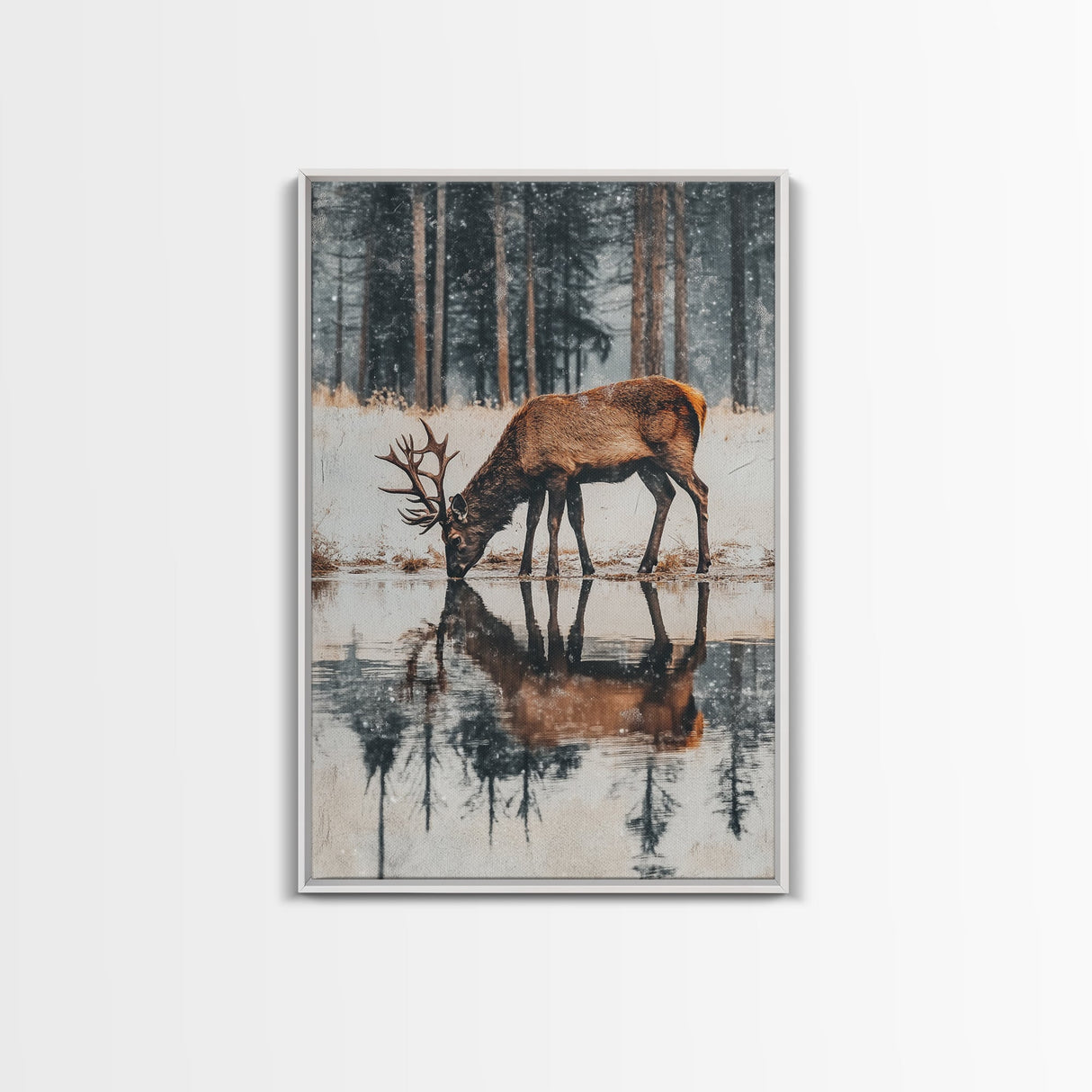 Elk Drinking Water Oil Painting Print, Framed Canvas, Deer Drinking Water In Forest Painting, Nature Decor, Cabin Wall Art, Winter Wall Art