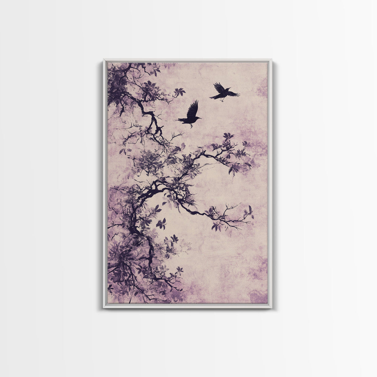 Wabi Sabi Floral Print Framed Canvas Art, Minimalist Home Decor, Purple trees with Crows, Purple Art, Boho Style Modern Art