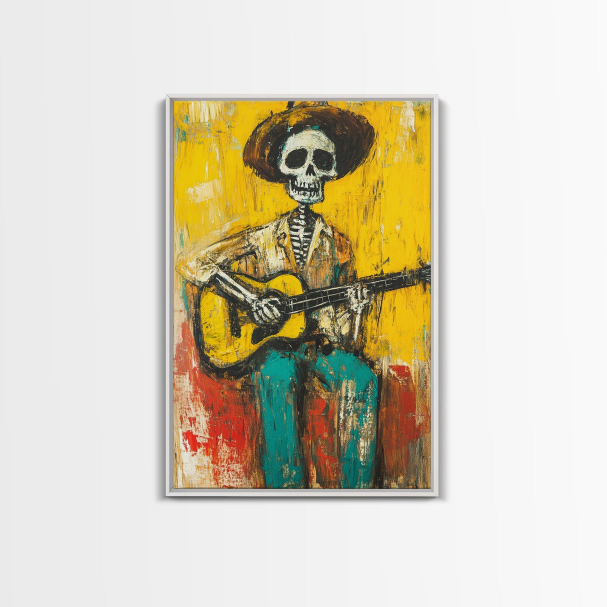 Chicano Canvas Print Of a Cowboy Skeleton Guitarist, Mexicano Art, Chicano Art, Original Artwork, Vaquero Art