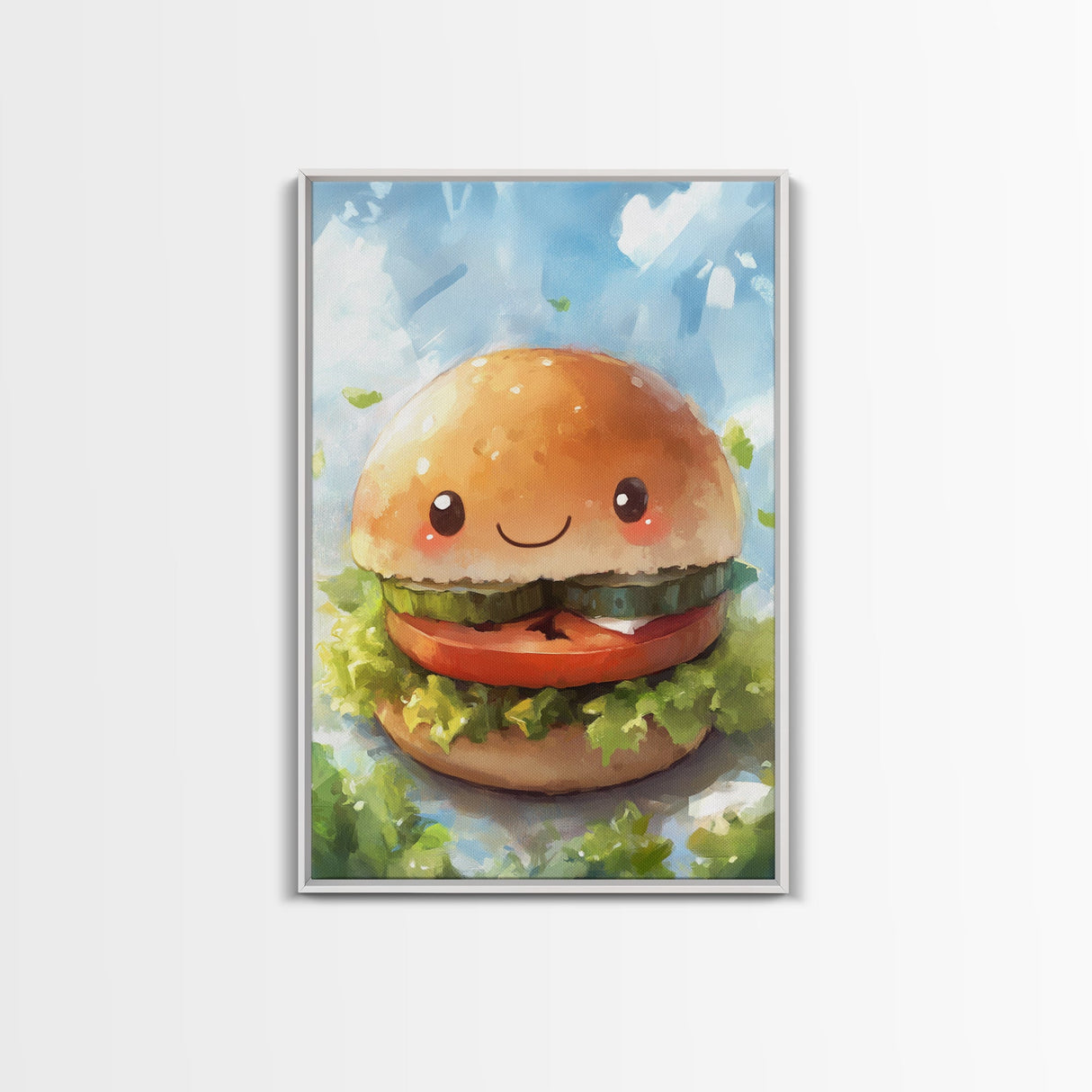 Kawaii Hamburger Canvas Print, Cute Hamburger Painting, Kitchen Decor, Kawaii Wall Art, Veggie Burger Painting