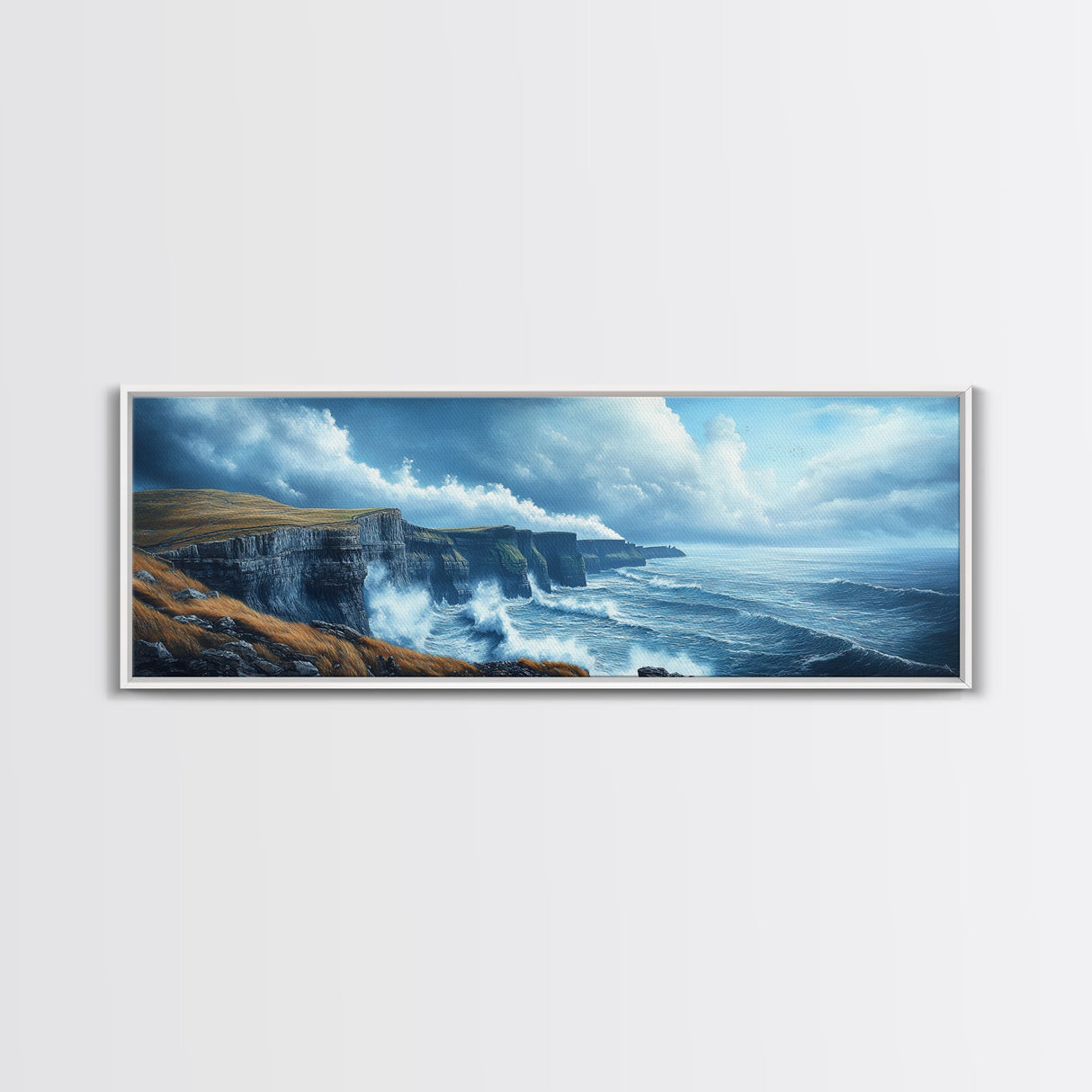 Cliffs of Moher Framed Canvas Print, Ready To Hang Ireland Painting, Irish Art, Ireland Wall Art, Horizontal Extra Large Wall Art
