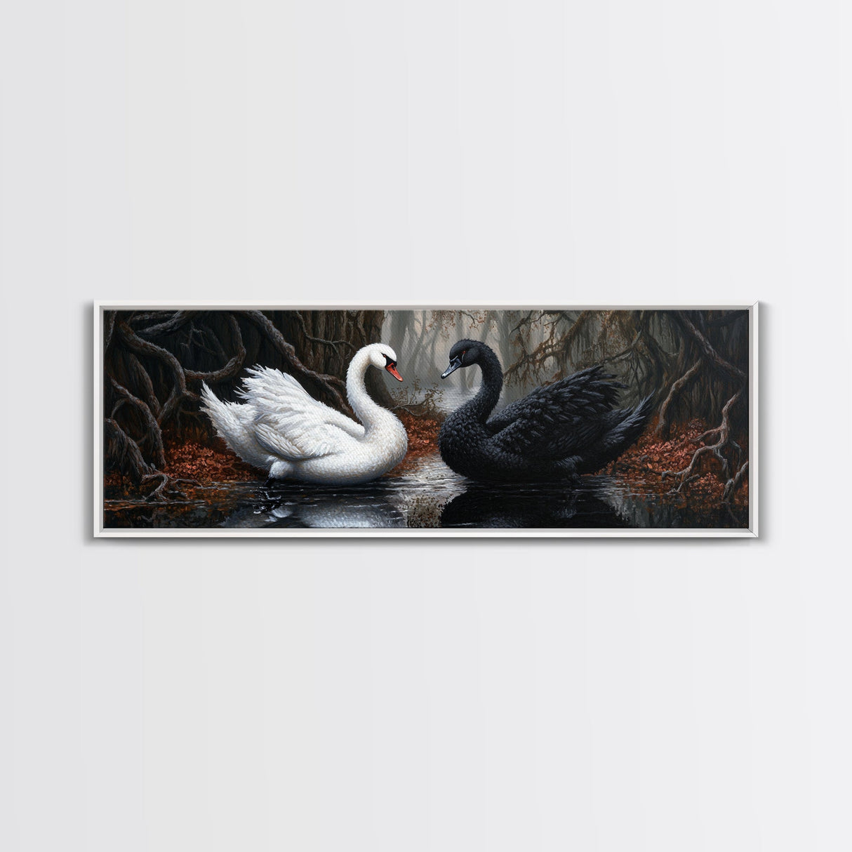 Black and White Swan Form A Heart, Framed Canvas Print, Swan Painting, Black Swan Art, Dark Romance, Panoramic Art, Gothic Art