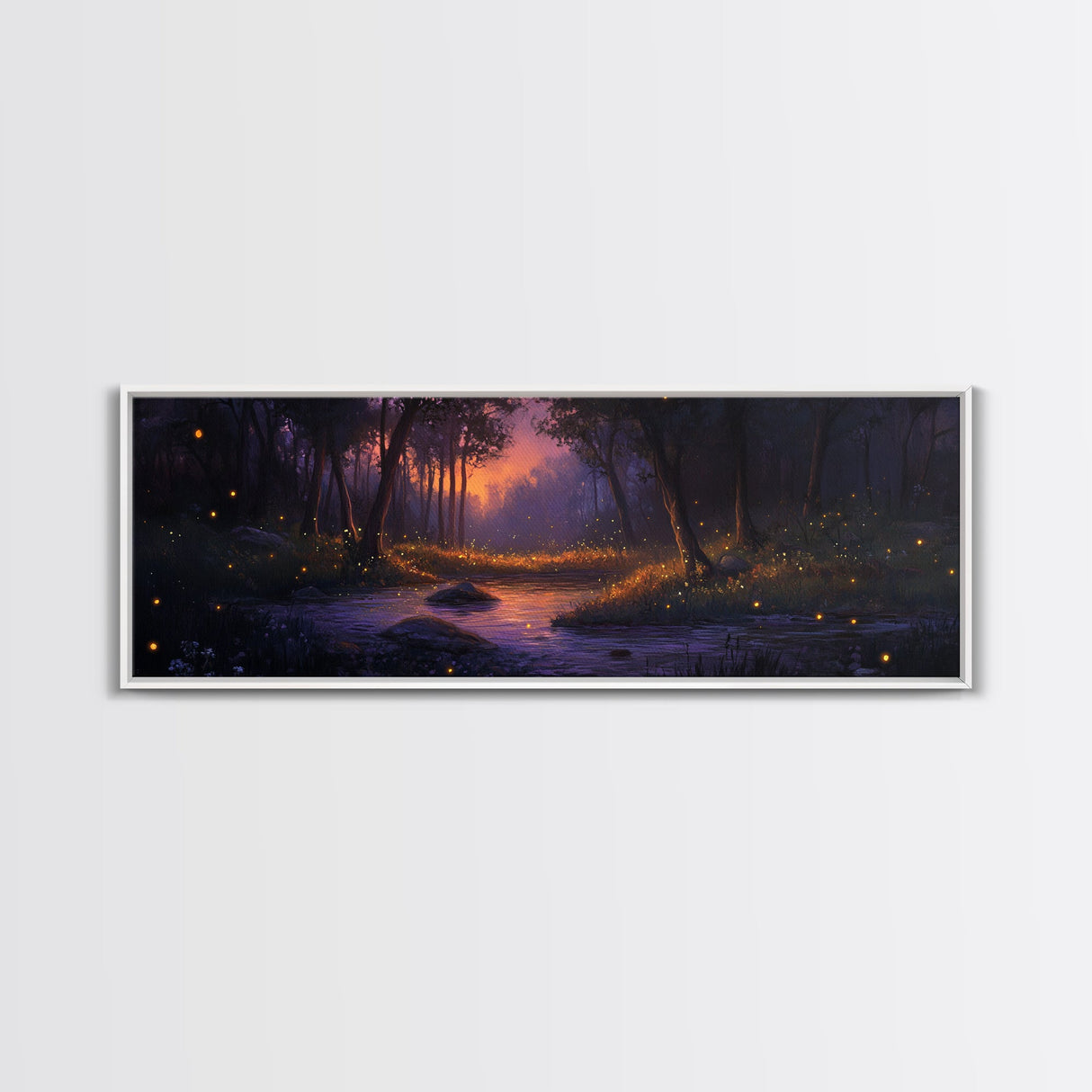 Panoramic Fantasy Forest Canvas Print, Fireflies Light Up The Night Sky in A Fantasy Forest, Fantasy Painting
