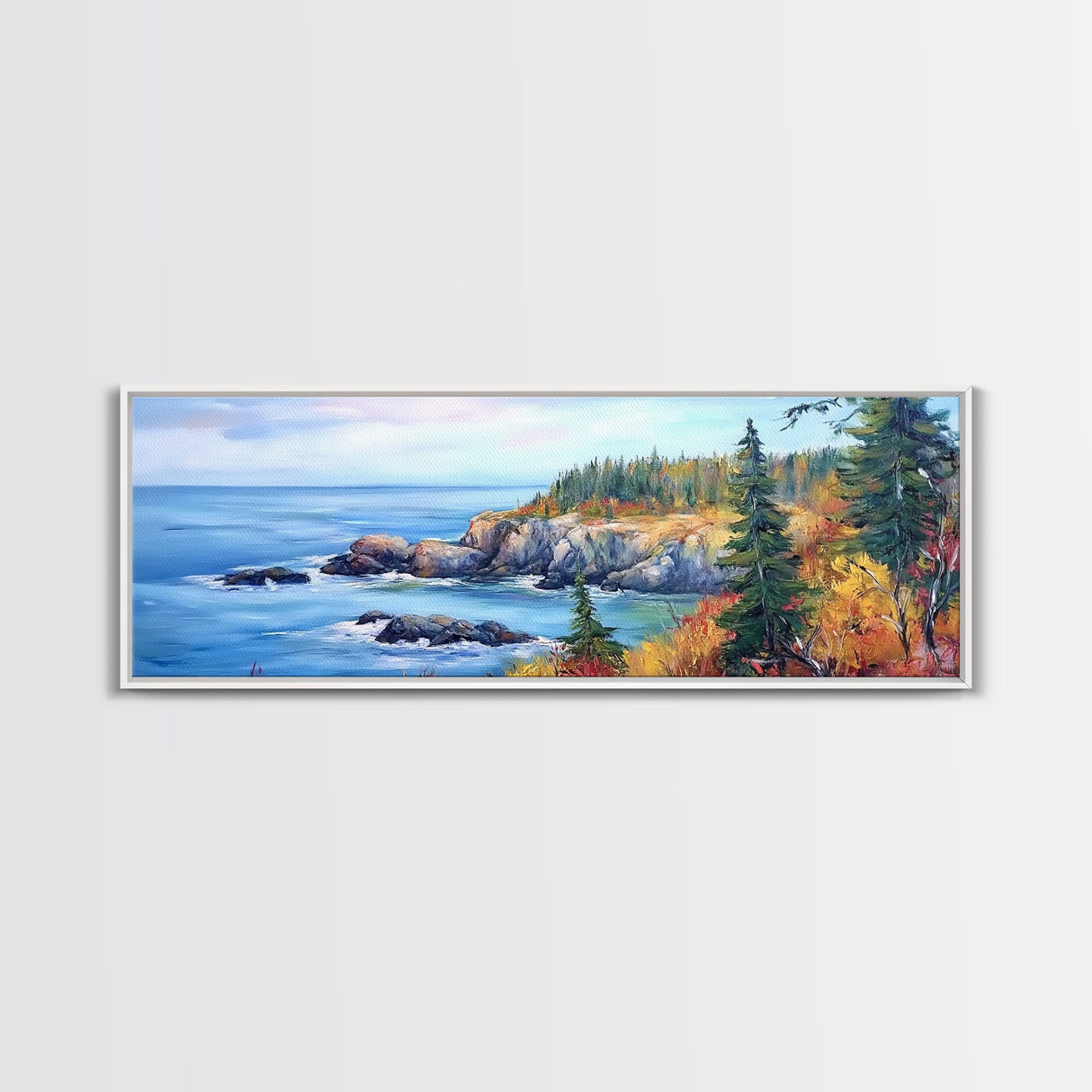 Acadia National Park, Framed Canvas Print, Acadia Watercolor Painting, Extra Wide Panoramic Wall Art, Horizontal Mountain Landscape Painting