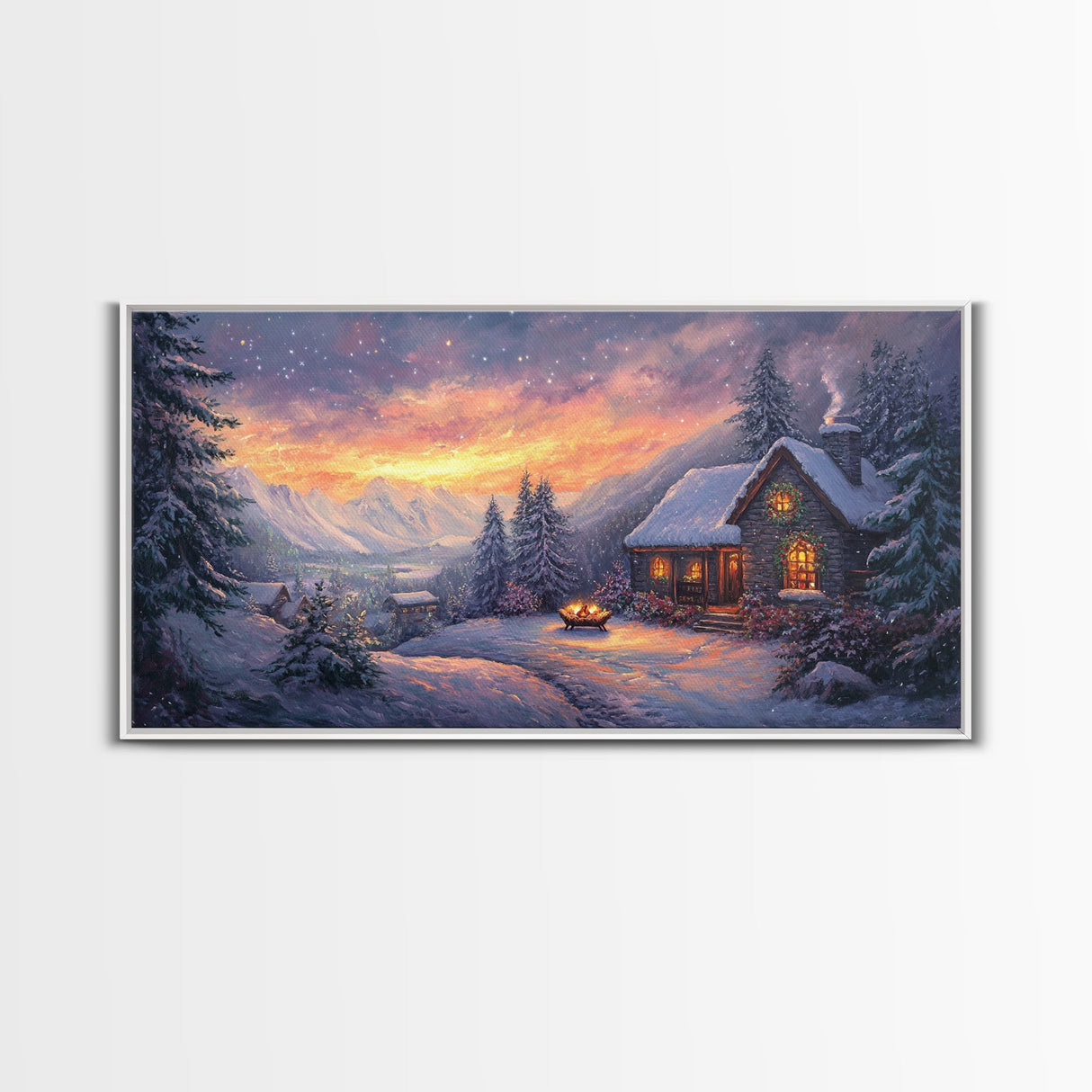 Snow Falls In The Mountains at Sunset, Framed Canvas Print, Retro Christmas Wall Art, Winter Not Christmas Wall Art, Winter Wall Art