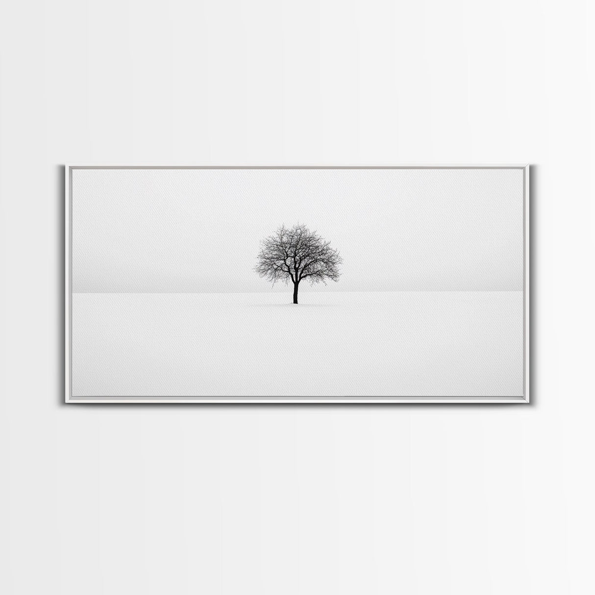 Footprints In the Snow Lead To a Lone Dead Tree - Framed Canvas Print - Ready To Hang Art - Moody Wall Art - Black and White Photography Print