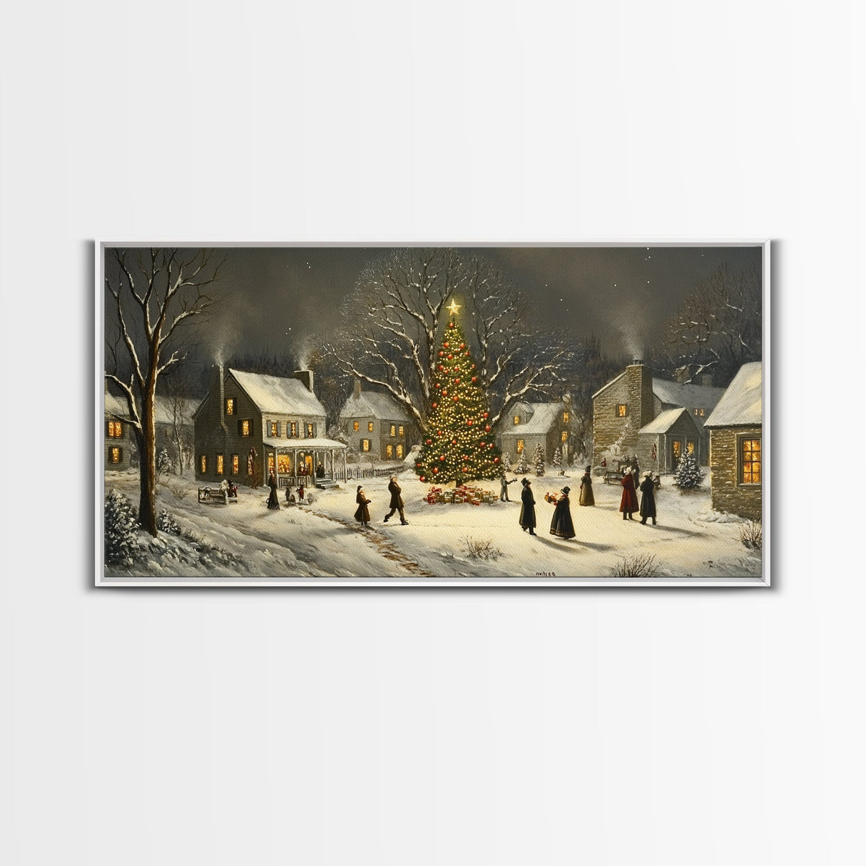 Winter Street Scene - Victorian Christmas Village Oil Painting Print - Ready To hang Christmas Art - Christmas Wall Art - Cozy Christmas Print