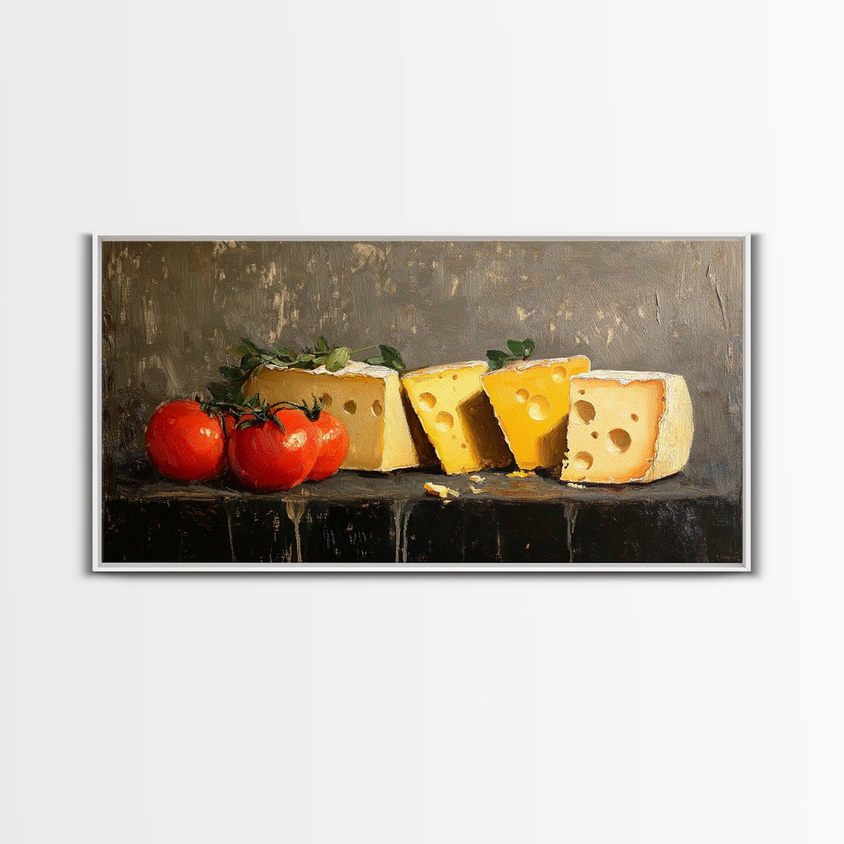 Still Life of Tomatoes and Cheese - Framed Canvas Print - Kitchen Wall Art - Kitsch Home Decor - Food Oil Painting Wall Art