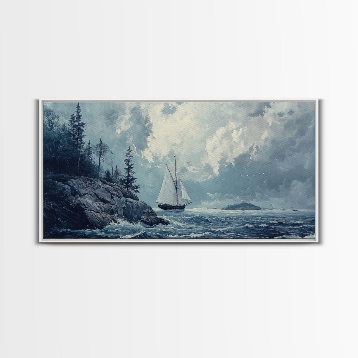 Pirate Ship Off The Coast, Framed Canvas Print, Wood Framed Art, Nautical Decor, Sailboat Painting