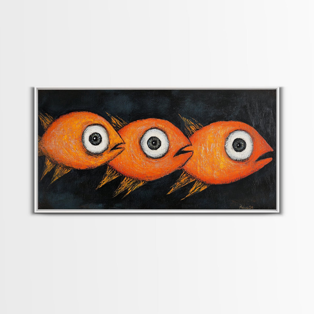 Retro 19th Century Folk Art Canvas Print, Funny Gold Fish Painting, Folk Art Painting, Whimsical Wall Art, Gold Fish Wall Art