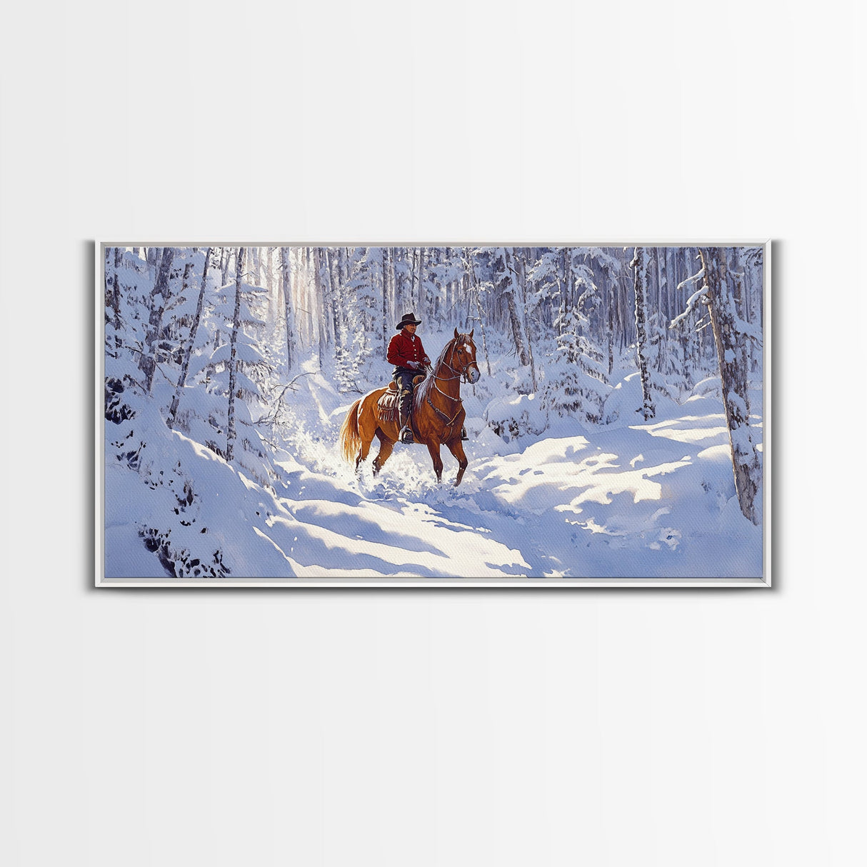 The Winter Cowboy Framed Canvas Print - Cowboy Rides His Horse Through The Snow - Cabin Decor - Outdoorsman Gift Idea - Cowboy Gift