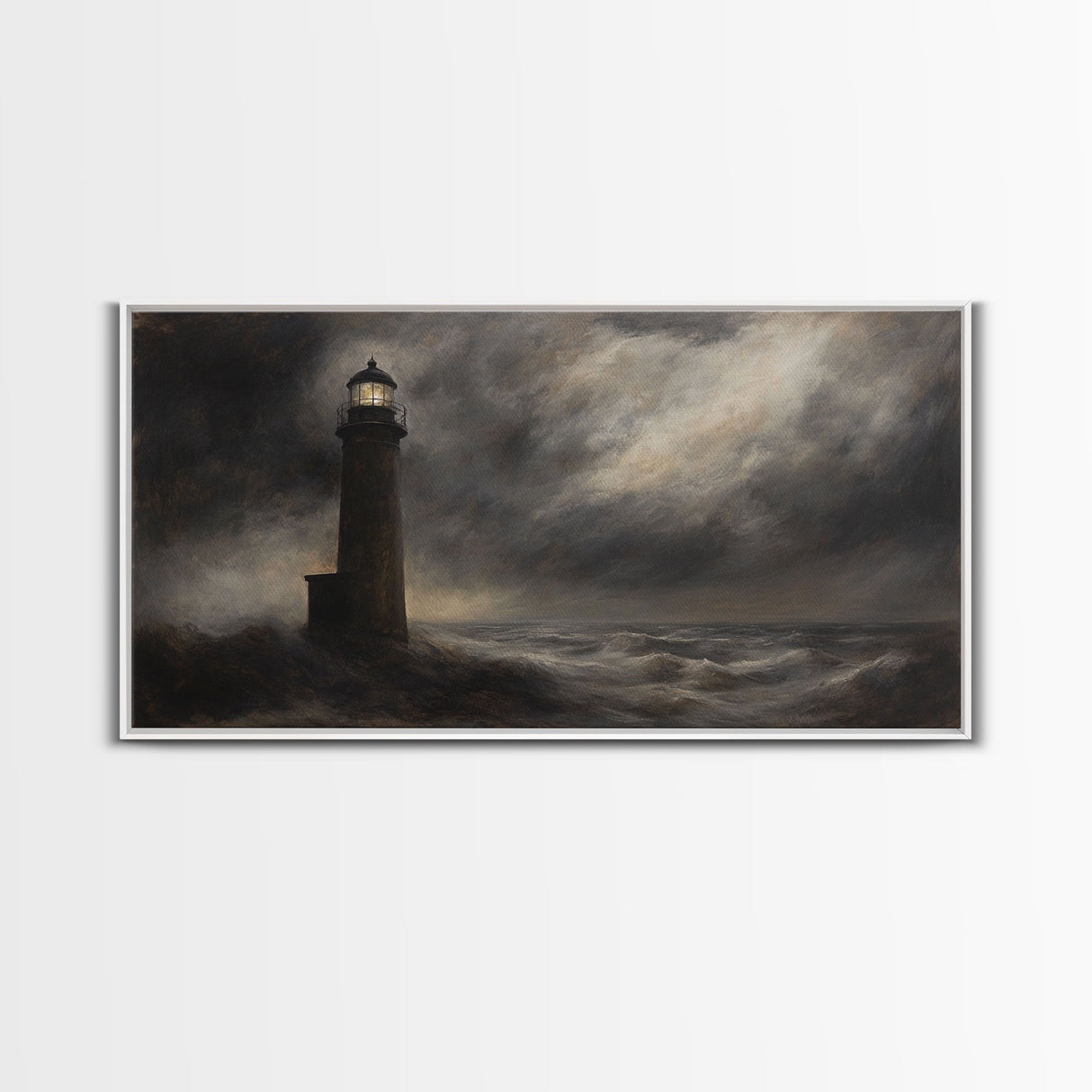 Moody Lighthouse Painting Print, Nautical Home Decor, Lighthouse Oil Painting Canvas Print, Dark and Moody Home Decor