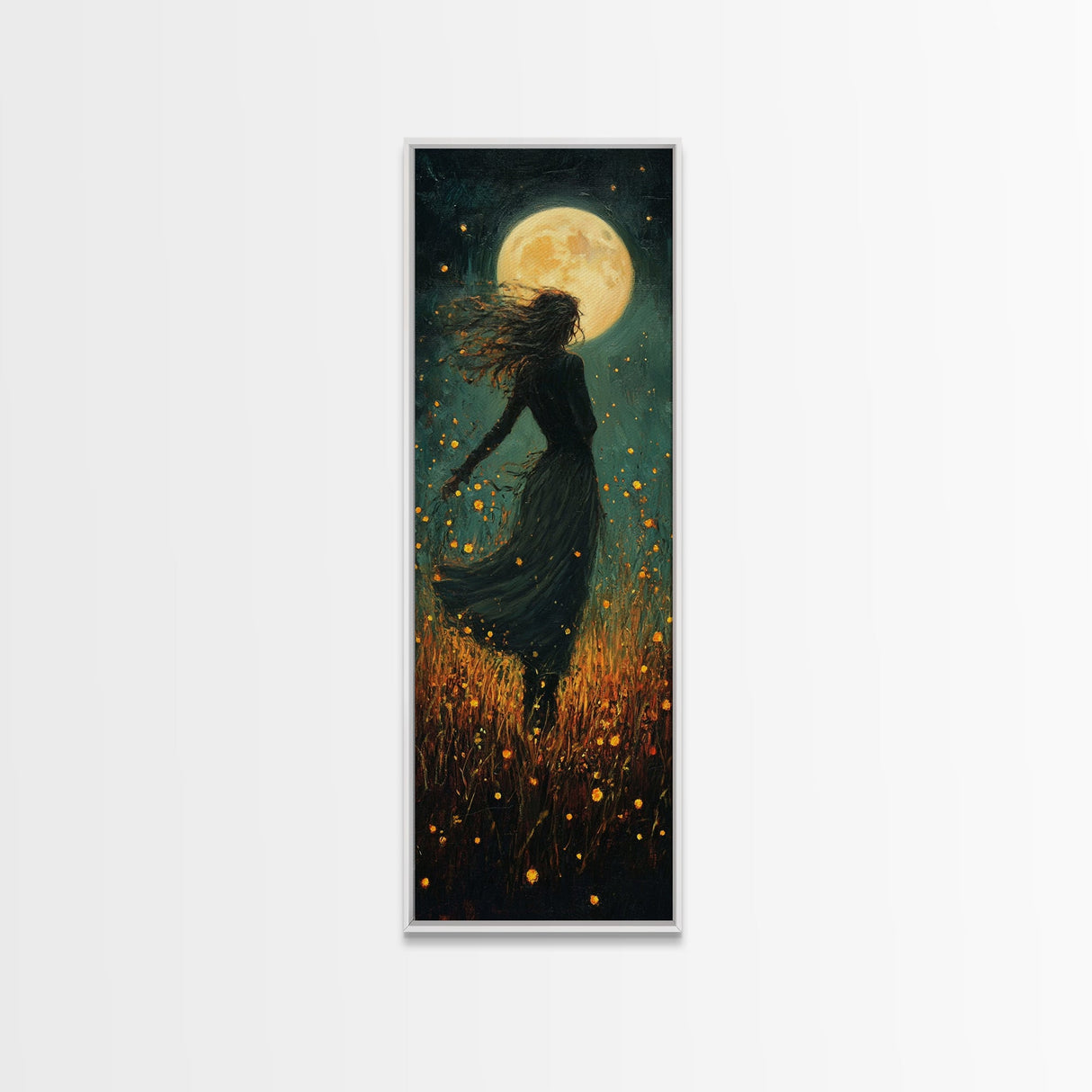 Moonlight goddess painting mystical framed canvas print, ethereal night scene, boho wall art, spiritual bedroom decor, wildflower moon art